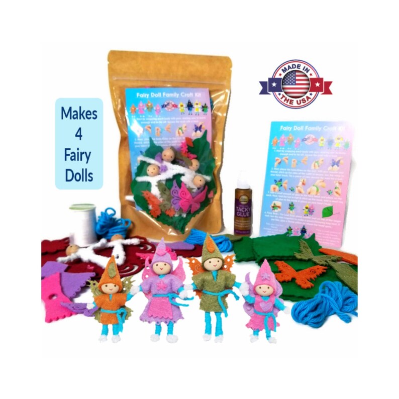 May include: A craft kit to make four felt fairy dolls. The kit includes felt pieces in various colors, yarn, beads, and glue. The kit also includes instructions on how to make the dolls.  Made in the USA.