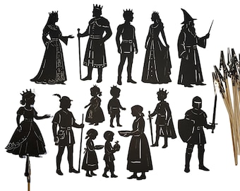 May include: A set of 12 black silhouette figures of a king, queen, wizard, knight, and other fairytale characters. The figures are made of cardboard and are designed for use in shadow puppet shows.
