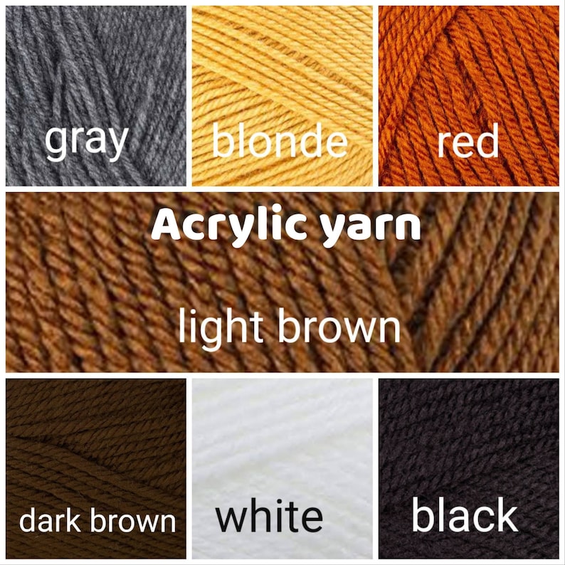 May include: A collection of acrylic yarn in various colors, including gray, blonde, red, light brown, dark brown, white, and black.  Acrylic yarn.