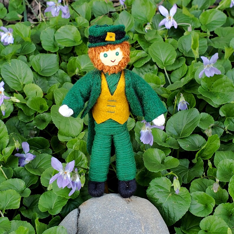 May include: A felt doll dressed as a leprechaun with a green hat, green jacket, yellow vest, and green pants. The doll is standing on a rock surrounded by green leaves and purple flowers.