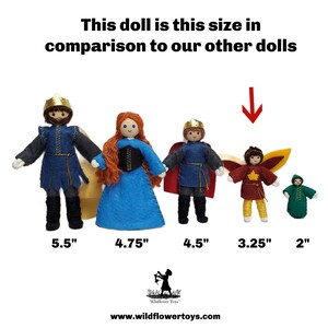 May include: Five felt dolls of varying sizes, dressed as medieval royalty, with crowns and capes. The dolls are standing in a line from tallest to shortest, with measurements in inches below each doll. The dolls are 5.5 inches, 4.75 inches, 4.5 inches, 3.25 inches, and 2 inches tall.