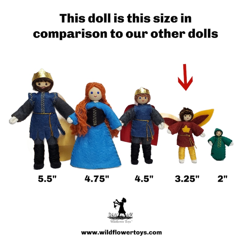 May include: Five felt dolls of varying sizes, dressed as medieval royalty, with crowns and capes. The dolls are standing in a line from tallest to shortest, with measurements in inches below each doll. The dolls are 5.5 inches, 4.75 inches, 4.5 inches, 3.25 inches, and 2 inches tall.
