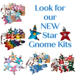 May include: A collection of felt star gnome kits. The kits include felt pieces, beads, and instructions to create a variety of star gnomes. The kits are available in a variety of colors, including blue, red, green, and pink. Look for our NEW Star Gnome Kits.