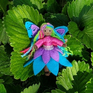 May include: A handmade felt fairy doll with a purple and blue dress, rainbow yarn hair, and a silver glitter belt. The fairy has a brown face with painted eyes and a smile.