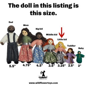 May include: A set of 10 felt dolls in various sizes, ranging from 2 inches to 5.5 inches tall. The dolls are dressed in different colors and patterns, and they are arranged in order of size, with the largest doll on the left and the smallest doll on the right. The dolls are labeled with their corresponding sizes in inches.