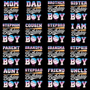 May include: A repeating pattern of birthday-themed designs on a black background. Each design features a baseball bat and the words "MOM," "DAD," "BROTHER," "SISTER," and other family titles, with "Birthday BOY" below. The text is in white, pink, and blue.