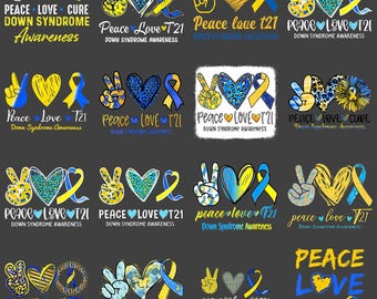 Peace Love Cure, Blue & Yellow Ribbon Down Syndrome Awareness Sublimation Clipart, Digital Download PNG