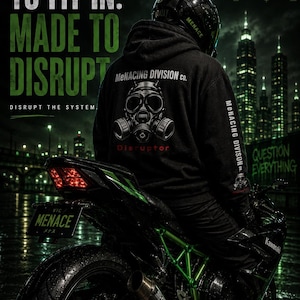 Sudadera con capucha y logo de la máscara de gas de MeNACING co., estilo streetwear.