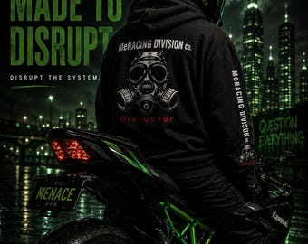 MeNACING co. Gas Mask Emblem Hoodie | Disruptor Sleeve Logo, Streetwear Pullover