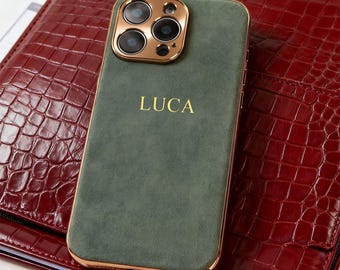 Gepersonaliseerde suède iPhone-hoes met initialen mobiele telefoon, voor 17 16 15 14 13 Pro Max lederen telefoonhoes, Valentijnsdagcadeaus