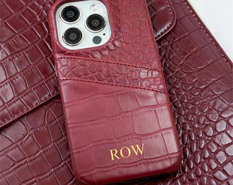 Gepersonaliseerde eerste monogram leren iPhone-hoesje met kaarthouder, cadeau beste vriend, Valentijnsdagcadeau, cadeau voor haar