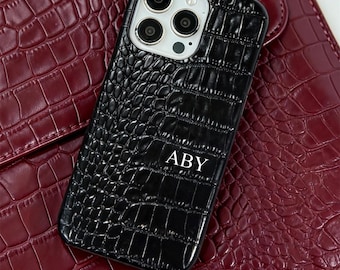 Personalized Name Crocodile Leather iPhone Case, Slim Custom Phone Cover with iPhone 17 Pro 16 15 Plus 14 13 Mini 12, Gift for Mom Dad