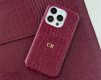 Funda de piel vegana de cocodrilo negra personalizada para iPhone: regalo con monograma personalizado