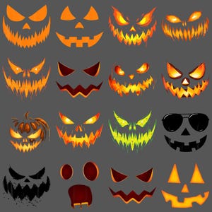May include: A collection of sixteen Halloween-themed jack-o'-lantern faces with various expressions. The faces are in shades of orange, yellow, and black, with some featuring glowing eyes and mouths. One face has sunglasses.