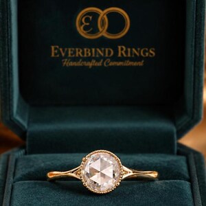 Puede incluir: Un anillo de oro con una piedra central redonda facetada en un engaste de cuentas, dentro de un estuche de terciopelo verde azulado. La tapa interior muestra el texto dorado Everbind Rings Handcrafted Commitment y un logo de dos círculos.