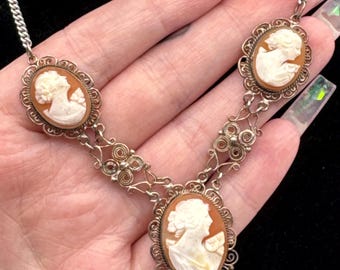 Vintage Triple Cameo Necklace | Victorian Revival Statement Necklace | Three Lady Cameos | Silver Tone Filigree Necklace | Romantic Cottage
