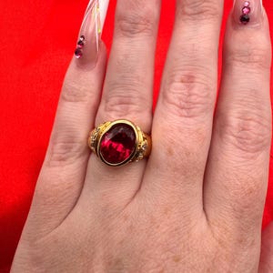 Vintage Ruby Red Rhinestone Statement Ring | Gold Tone Cocktail Ring | Large Oval Faceted Stone | Size 6
