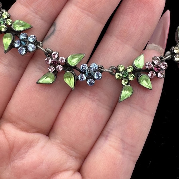 Vintage Rhinestone Floral Necklace | Enamel Leaves, Adjustable