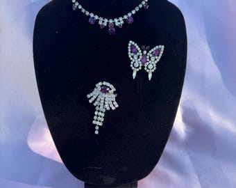Conjunto de joyas vintage de amatista y diamantes de imitación transparentes: collar, broches y pendientes