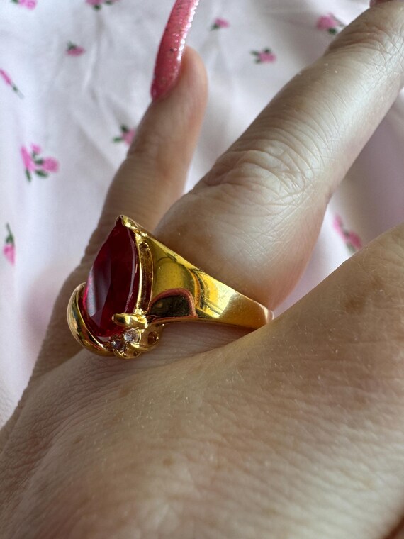 Vintage Red Pear Cut Statement Ring | Ruby Red Cr… - image 4