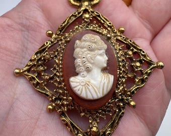 Vintage Ornate Cameo Pendant | Victorian Revival | Gold Filigree Frame | Romantic Heirloom Jewelry