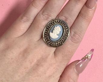 Vintage Blue Cameo Statement Ring | Adjustable Gold Tone Cocktail Ring | Classic Victorian Revival Style