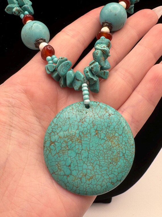 Turquoise Statement Necklace with Large Round Pen… - image 2