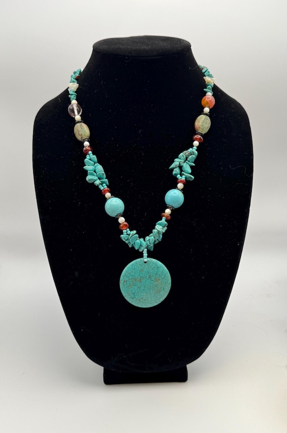Turquoise Statement Necklace with Large Round Pen… - image 1