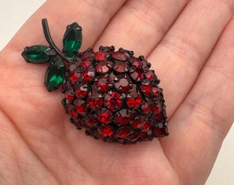 Vintage Warner Strawberry Brooch | Red Rhinestone Fruit Pin, Japanned Metal