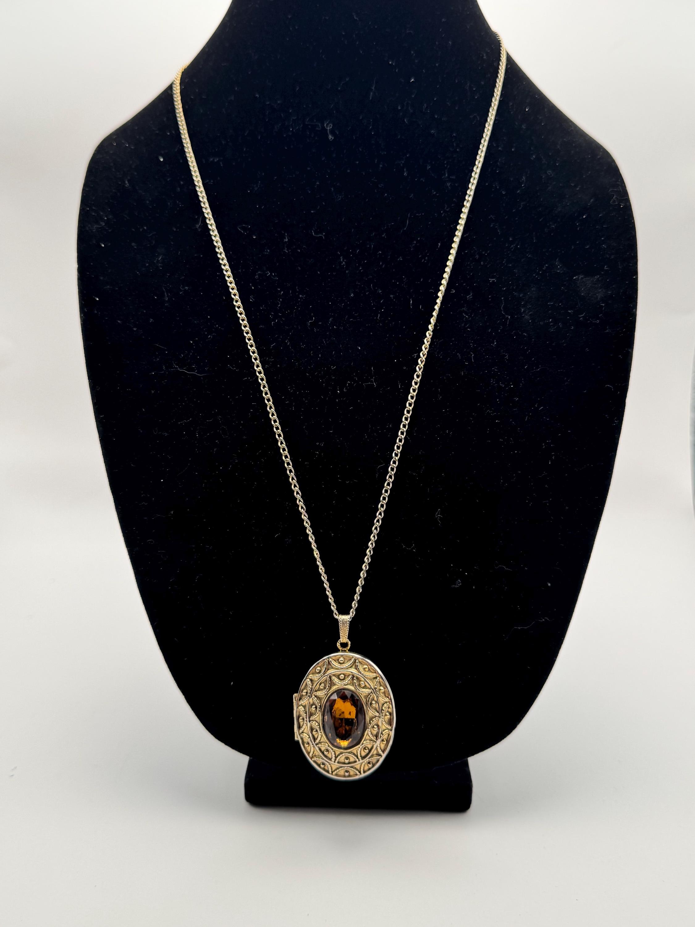 Vintage Avon Locket Necklace - Amber Glass Pendant - Gold Tone Oval Photo Locket - Ornate Vintage Jewelry