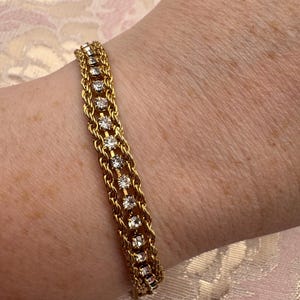 Vintage Gold Tone Multi-Row Rhinestone Bracelet | Layered Crystal Statement Jewelry