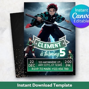 May include: A birthday invitation featuring a manga-style character with a sword, set against a stormy sky. The invitation reads "Clement is turning 5" with event details. The design includes the text "Instant Canva Editable".