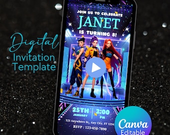 Invitación de cumpleaños en video de Cazadores de Demonios del K-pop, invitación digital animada editable en Canva para móvil, descarga instantánea