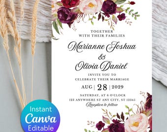 Blush Burgundy Floral Wedding Invitation Template (Digital Download)