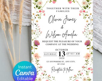 Wildflower Wedding Invitation Template: Garden Floral Design (Digital Download)