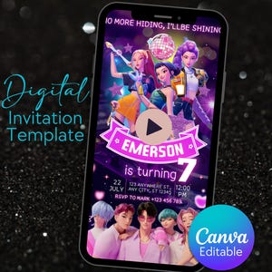 K-pop demonenjagers video verjaardagsuitnodiging, bewerkbare canva digitale geanimeerde mobiele feestuitnodiging, direct downloaden