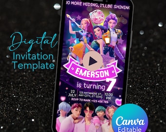 Invitación de cumpleaños en video de Cazadores de Demonios del K-pop, invitación digital animada editable en Canva para móvil, descarga instantánea