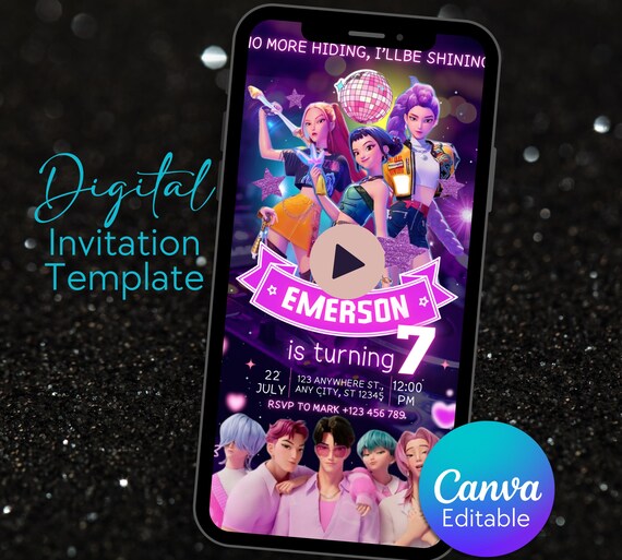 K-pop Demon Hunters Birthday Video Invitation, Editable Canva Digital Animated Mobile Party Invite, Instant Download