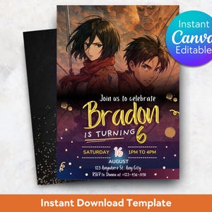 May include: A birthday invitation with anime-style illustrations. The invitation reads "Join us to celebrate Bradon is turning 6" with event details. The design features a purple and gold colour scheme, with a black background and gold confetti.