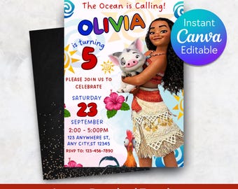 Moana Birthday Invitation Template: Editable Hawaiian Party Invite (Digital Download)