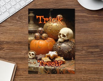 Tarjeta de Halloween de truco o trato / Saludo gótico de calabaza y calavera / Papelería para fiesta de otoño espeluznante