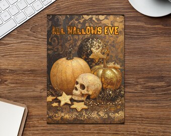 Tarjeta de Halloween de Noche de Brujas / Saludo gótico con calabaza y calavera dorada / Tarjeta otoñal de lujo y espeluznante