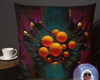 Housse de coussin futuriste orange Orb Core - Art technologique de science-fiction, décoration d'intérieur cyberpunk