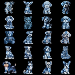 Könnte beinhalten: Eine Sammlung von Illustrationen im Denim-Stil, die verschiedene Hunderassen, eine Katze und einen Teddybären zeigen, alle in Blautönen. Jede Figur ist so gestaltet, dass sie wie Patchwork-Denim aussieht, vor einem schwarzen Hintergrund.