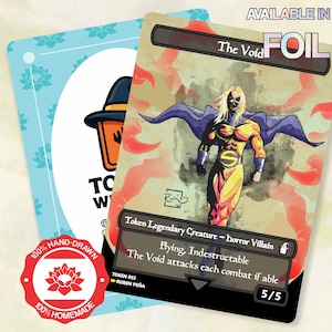 May include: A rectangular game card titled The Void featuring a blonde superhero figure in a yellow and purple suit with a cape. The card text includes Token Legendary Creature - Horror Villain, Flying, Indestructible, and 5/5 power and toughness.