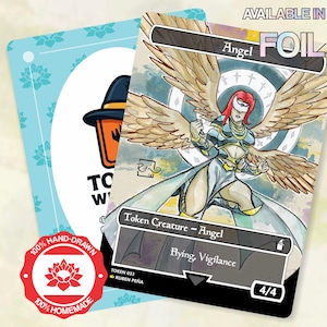 May include: A hand-drawn Angel foil trading card with a detailed illustration of a female angel with large wings. The card features the text "Token Creature - Angel" and "Flying, Vigilance". A second card and a red "100% Hand-Drawn" sticker are also visible.