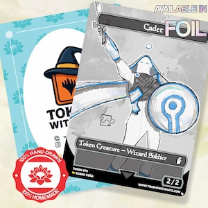 May include: A rectangular game card featuring a hand-drawn illustration of a white-clad Wizard Soldier holding a sword and shield. The card text reads Cadet, Token Creature - Wizard Soldier, and 2/2. A red circular seal states 100% Hand-Drawn.