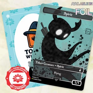 May include: A set of two fantasy-themed trading card game tokens. One card features a black spirit creature with white eyes and horns, labeled "Spirit" and "Flying". The other card has a blue floral design and a logo. The cards are hand-drawn.