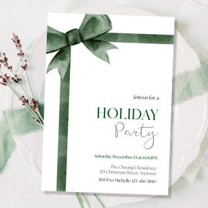 Weihnachtseinladung Minimalistische Elegante Grünschleife Urlaub Party Feier Einladen Einfache Moderne Weihnachten Bearbeitbare Druckbare Download CPC03
