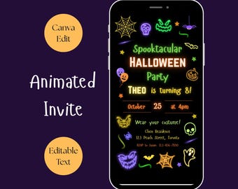 Editable Kids Halloween Birthday Party Animated Invite Spooktacular Neon Halloween Birthday Invitation Cute Kids Halloween Invite Template